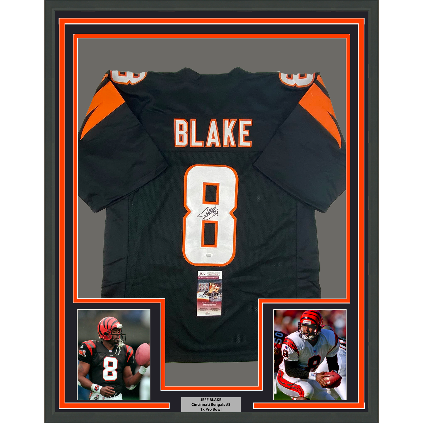 Framed Autographed/Signed Jeff Blake 35x39 Cincinnati Black Football Jersey JSA COA