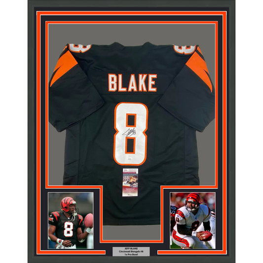 Framed Autographed/Signed Jeff Blake 35x39 Cincinnati Black Football Jersey JSA COA