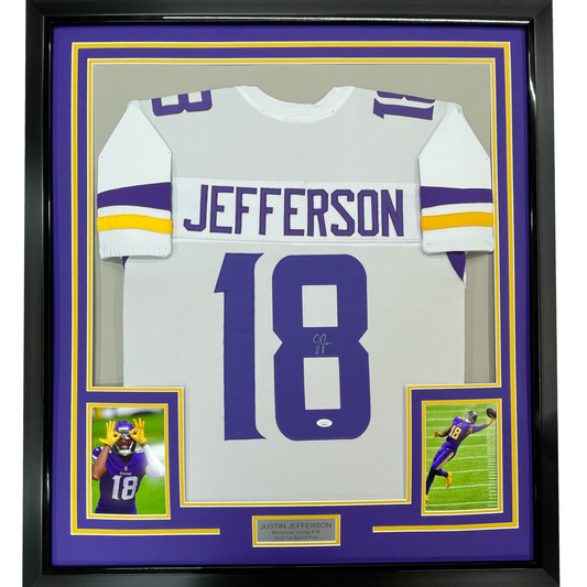 Framed Autographed/Signed Justin Jefferson 35x39 Minnesota White Football Jersey JSA COA