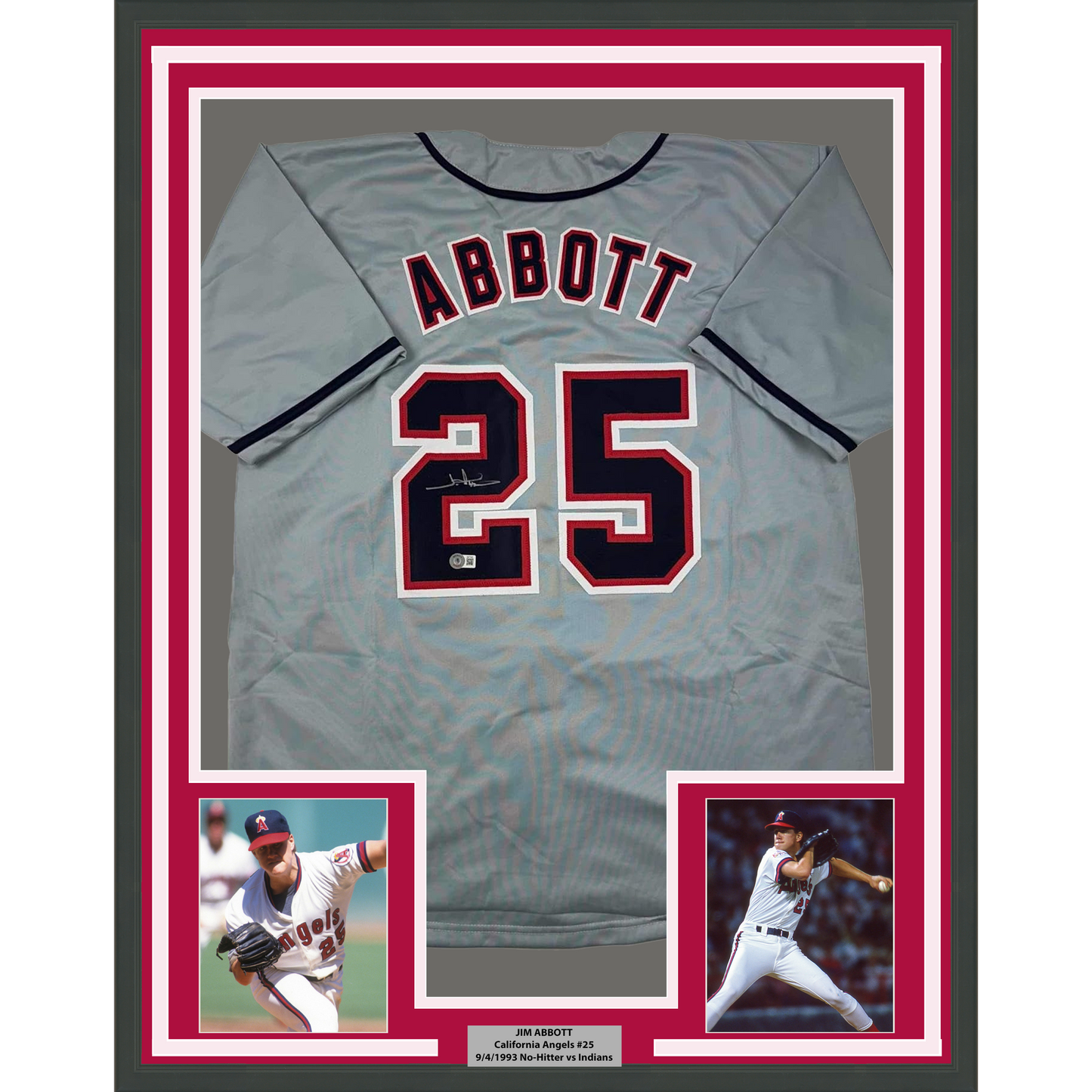 Framed Autographed/Signed Jim Abbott 35x39 California Grey Baseball Jersey Beckett BAS COA