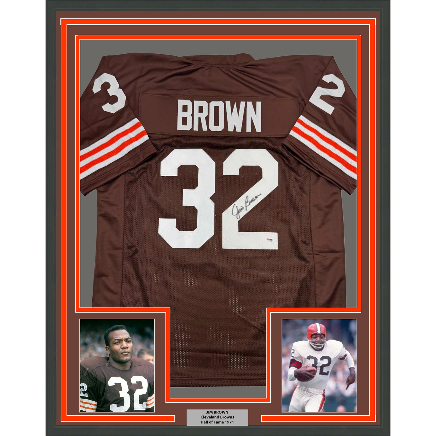 Framed Autographed/Signed Jim Brown 35x39 Cleveland Football Brown Jersey PSA COA