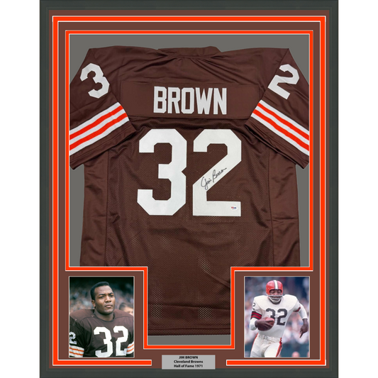 Framed Autographed/Signed Jim Brown 35x39 Cleveland Football Brown Jersey PSA COA