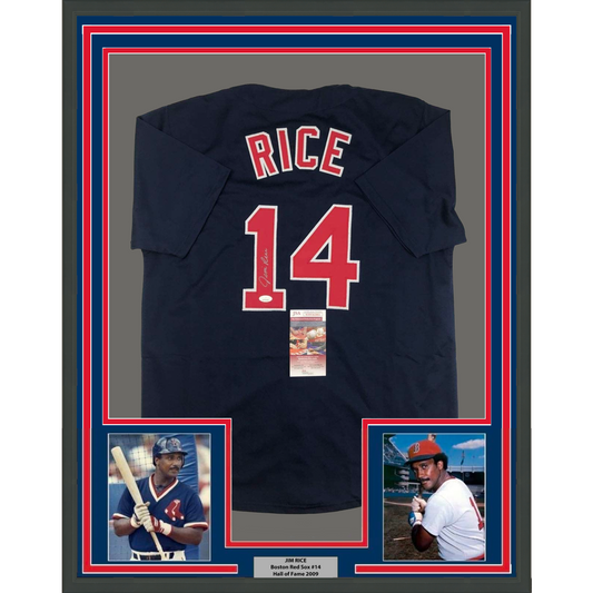 Framed Autographed/Signed Jim Rice 35x39 Boston Blue Baseball Jersey JSA COA
