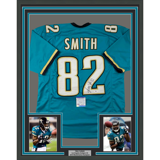 Framed Autographed/Signed Jimmy Smith 35x39 Jacksonville Teal Football Jersey PSA/DNA COA