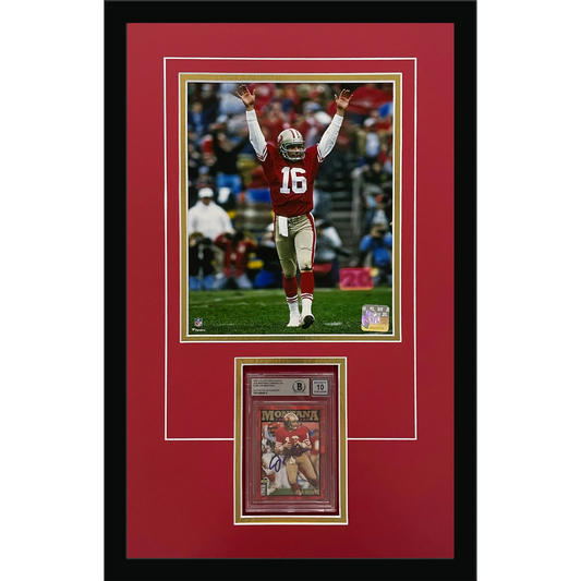 Joe Montana Autographed Football Card Deluxe Framed with San Francisco 49ers 8x10 Photo - Beckett