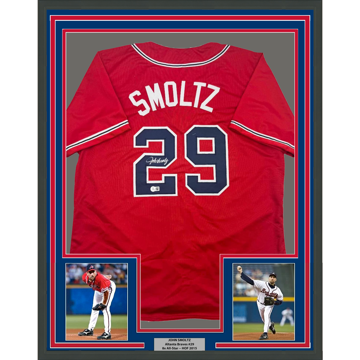 Framed Autographed/Signed John Smoltz 35x39 Atlanta Red Baseball Jersey Beckett BAS COA