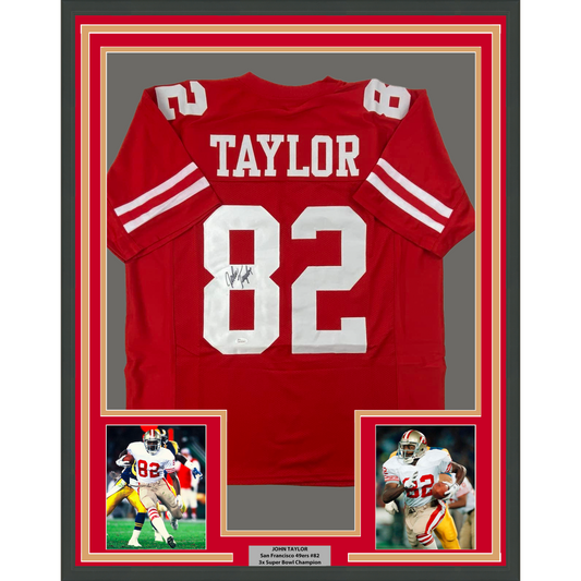 Framed Autographed/Signed John Taylor 35x39 San Francisco Red Football Jersey JSA COA