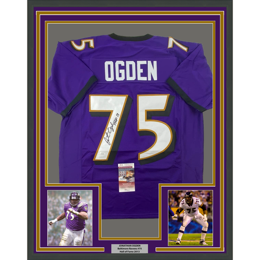 Framed Autographed/Signed Jonathan Ogden 35x39 HOF 13 Baltimore Purple Football Jersey JSA COA