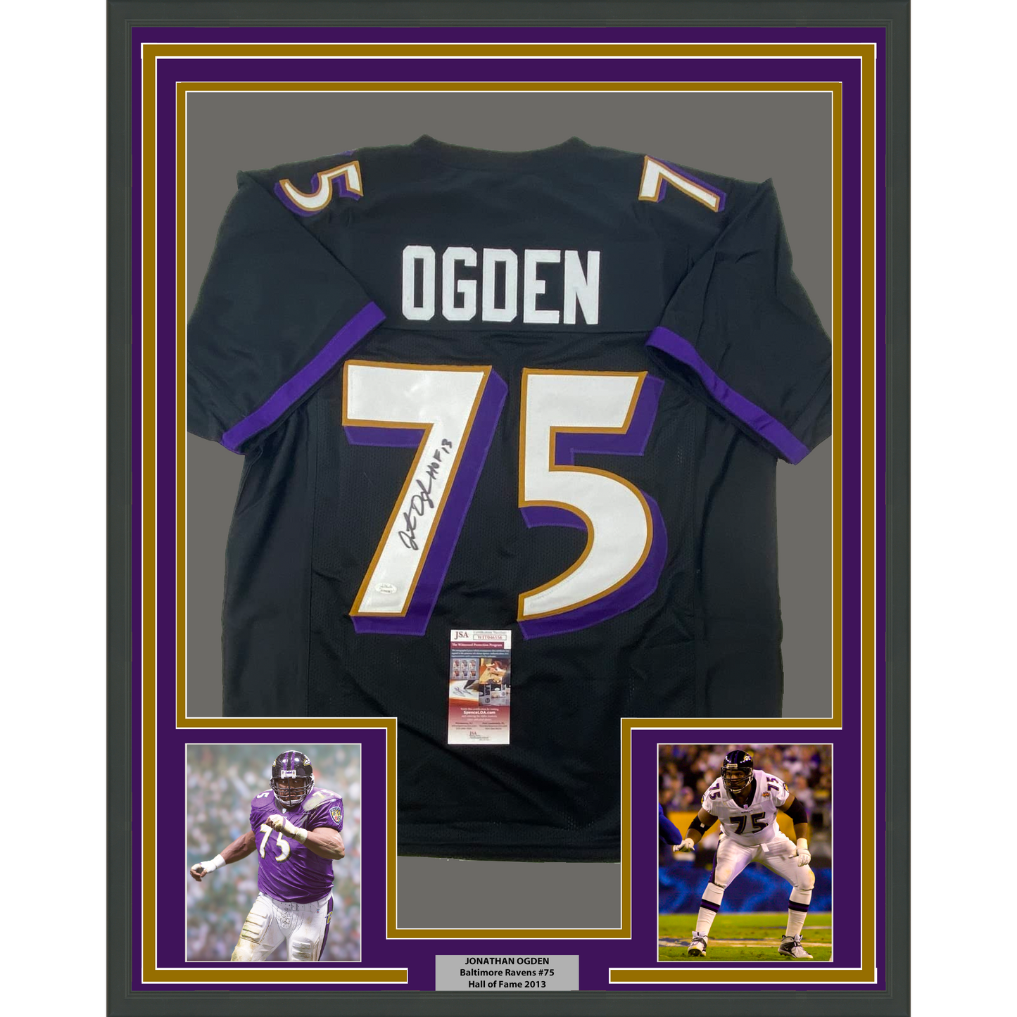 Framed Autographed/Signed Jonathan Ogden 35x39 HOF 13 Baltimore Black Football Jersey JSA COA