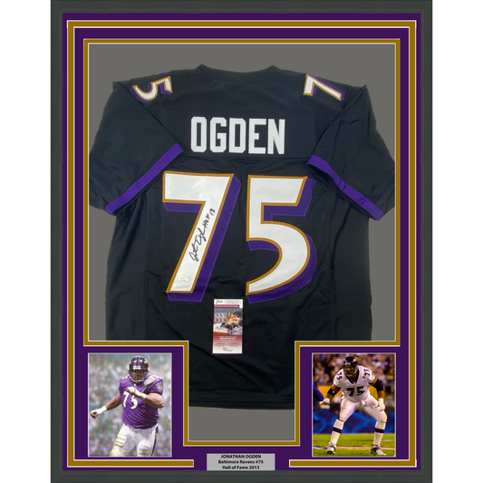 Framed Autographed/Signed Jonathan Ogden 35x39 HOF 13 Baltimore Black Football Jersey JSA COA
