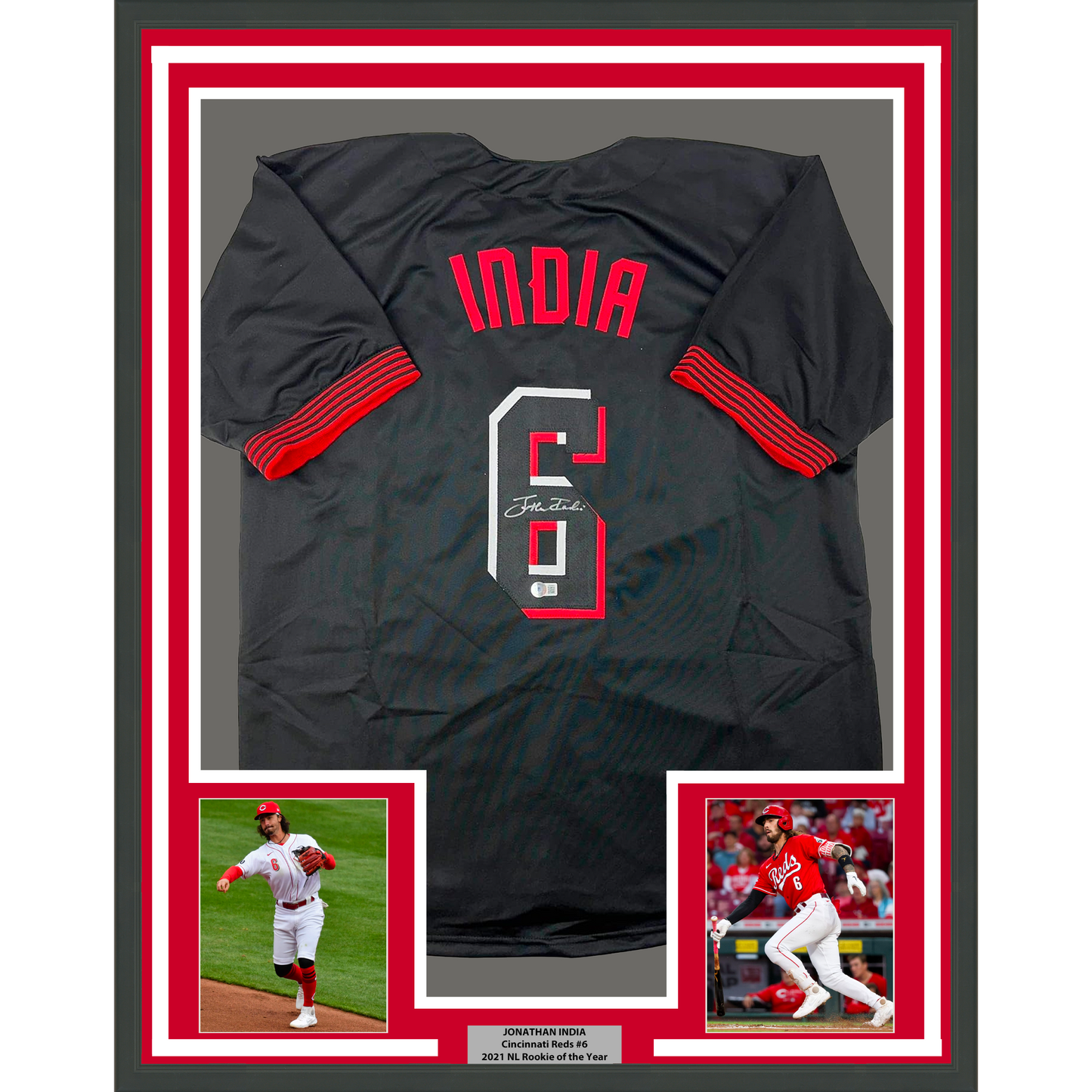 Framed Autographed/Signed Jonathan India 35x39 Cincinnati Black City Connect Baseball Jersey Beckett BAS COA