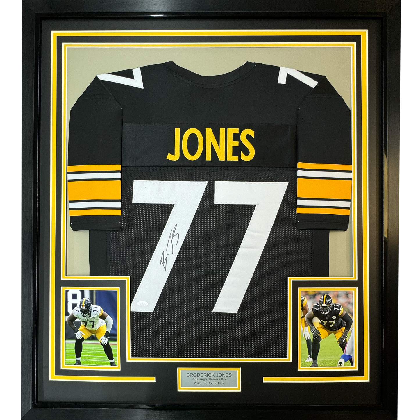 Framed Autographed/Signed Broderick Jones 35x39 Pittsburgh Black Football Jersey JSA COA