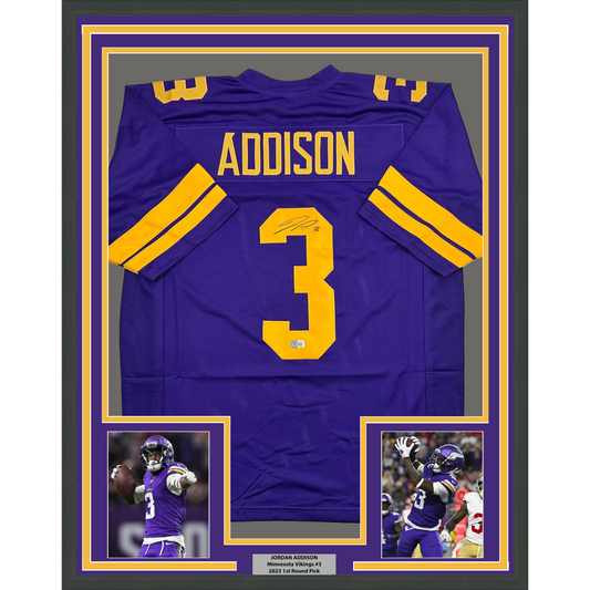 Framed Autographed/Signed Jordan Addison 35x39 Minnesota Color Rush Football Jersey Beckett BAS COA