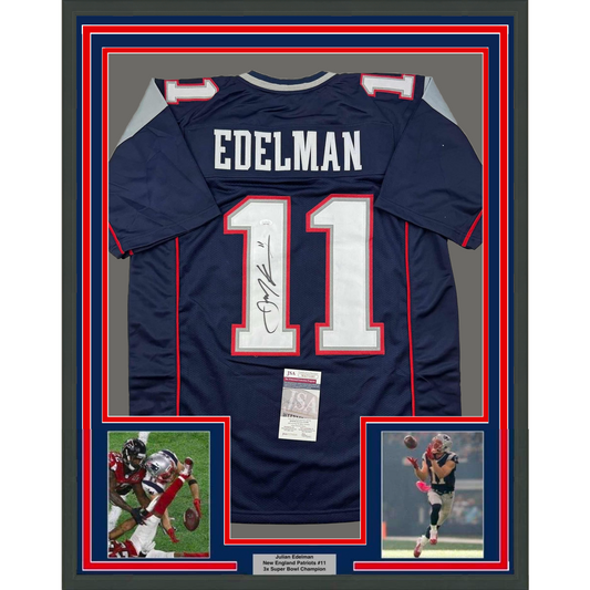 Framed Autographed/Signed Julian Edelman 35x39 New England Blue Football Jersey JSA COA