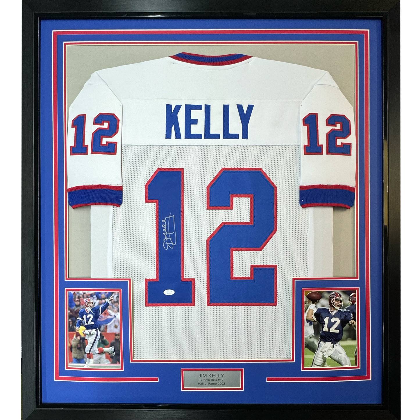 Framed Autographed/Signed Jim Kelly 35x39 Buffalo White Football Jersey JSA COA