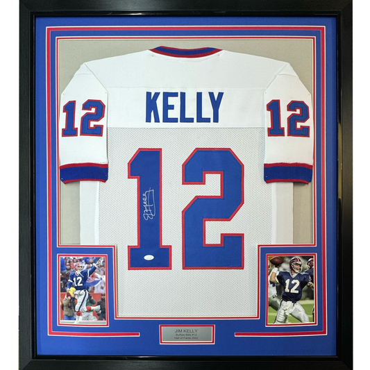 Framed Autographed/Signed Jim Kelly 35x39 Buffalo White Football Jersey JSA COA