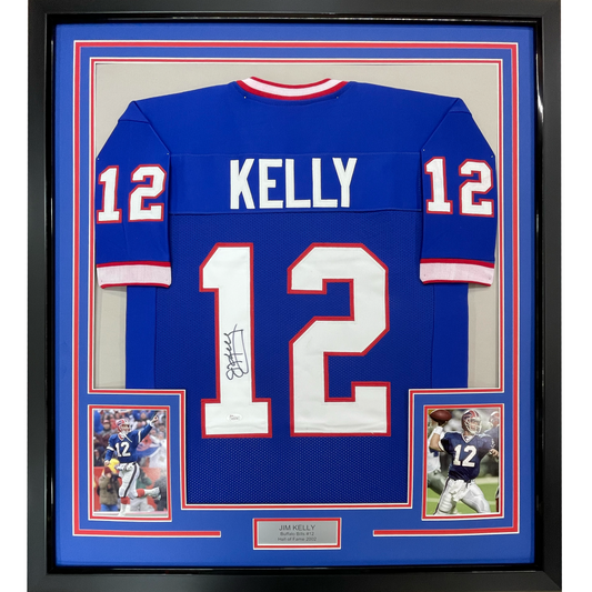 Framed Autographed/Signed Jim Kelly 35x39 Buffalo Blue Football Jersey JSA COA