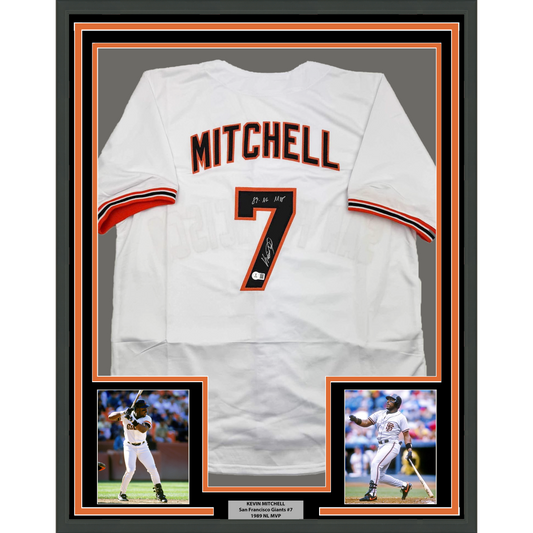 Framed Autographed/Signed Kevin Mitchell "89 MVP" 35x39 San Francisco White Baseball Jersey Beckett BAS COA
