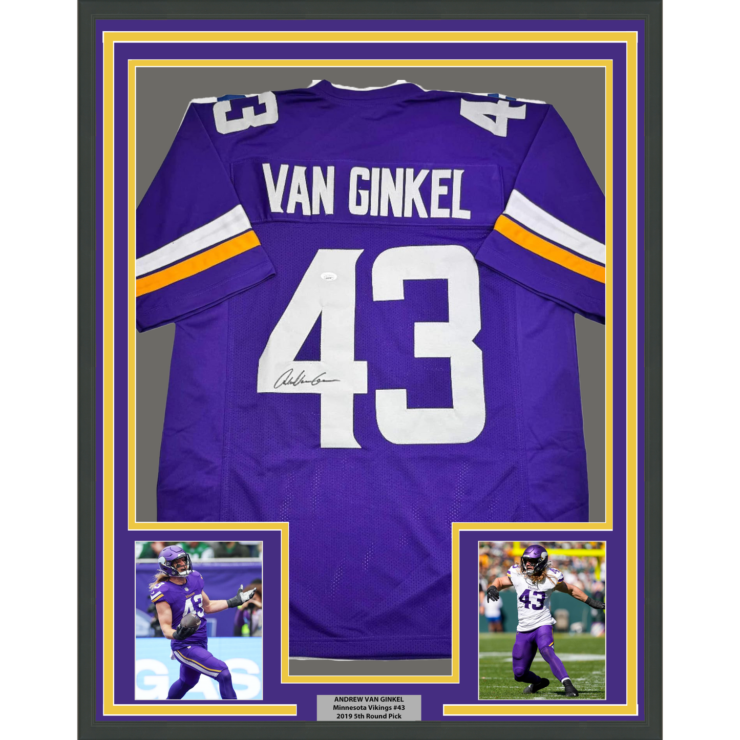 Framed Autographed/Signed Andrew Van Ginkel 35x39 Minnesota Purple Football Jersey JSA COA