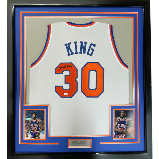 Framed Autographed/Signed Bernard King 35x39 New York White Basketball Jersey Beckett BAS COA