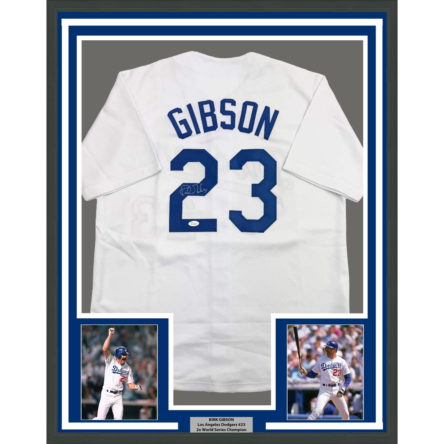 Framed Autographed/Signed Kirk Gibson 35x39 Los Angeles LA White Baseball Jersey JSA COA