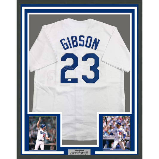 Framed Autographed/Signed Kirk Gibson 35x39 Los Angeles LA White Baseball Jersey JSA COA