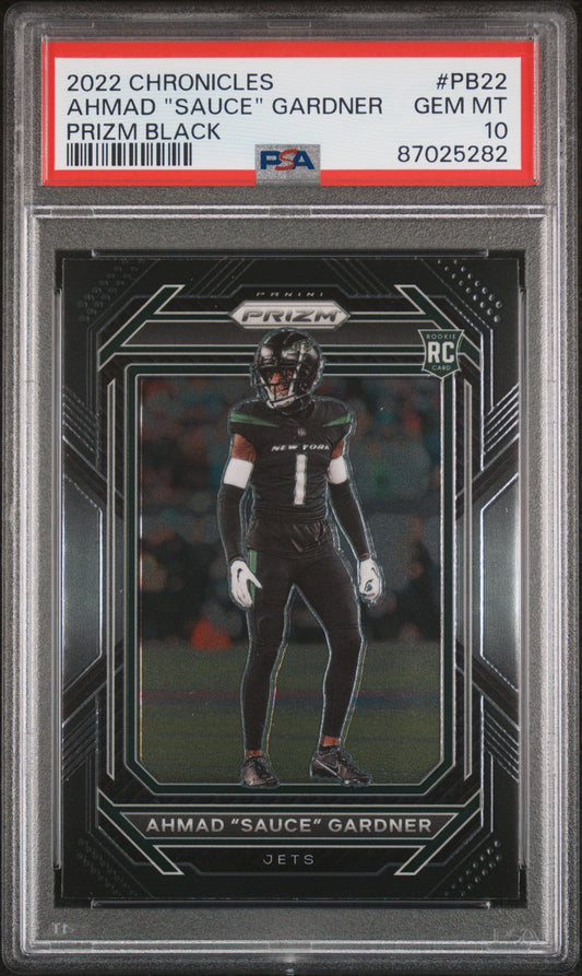 Graded 2022 Panini Chronicles Ahmad Sauce Gardner #PB22 Prizm Black Rookie RC Football Card PSA 10 Gem Mint