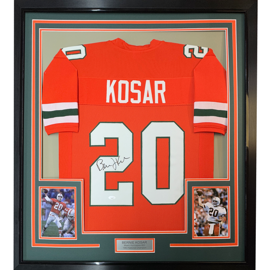 Framed Autographed/Signed Bernie Kosar 35x39 Miami Orange College Football Jersey JSA COA