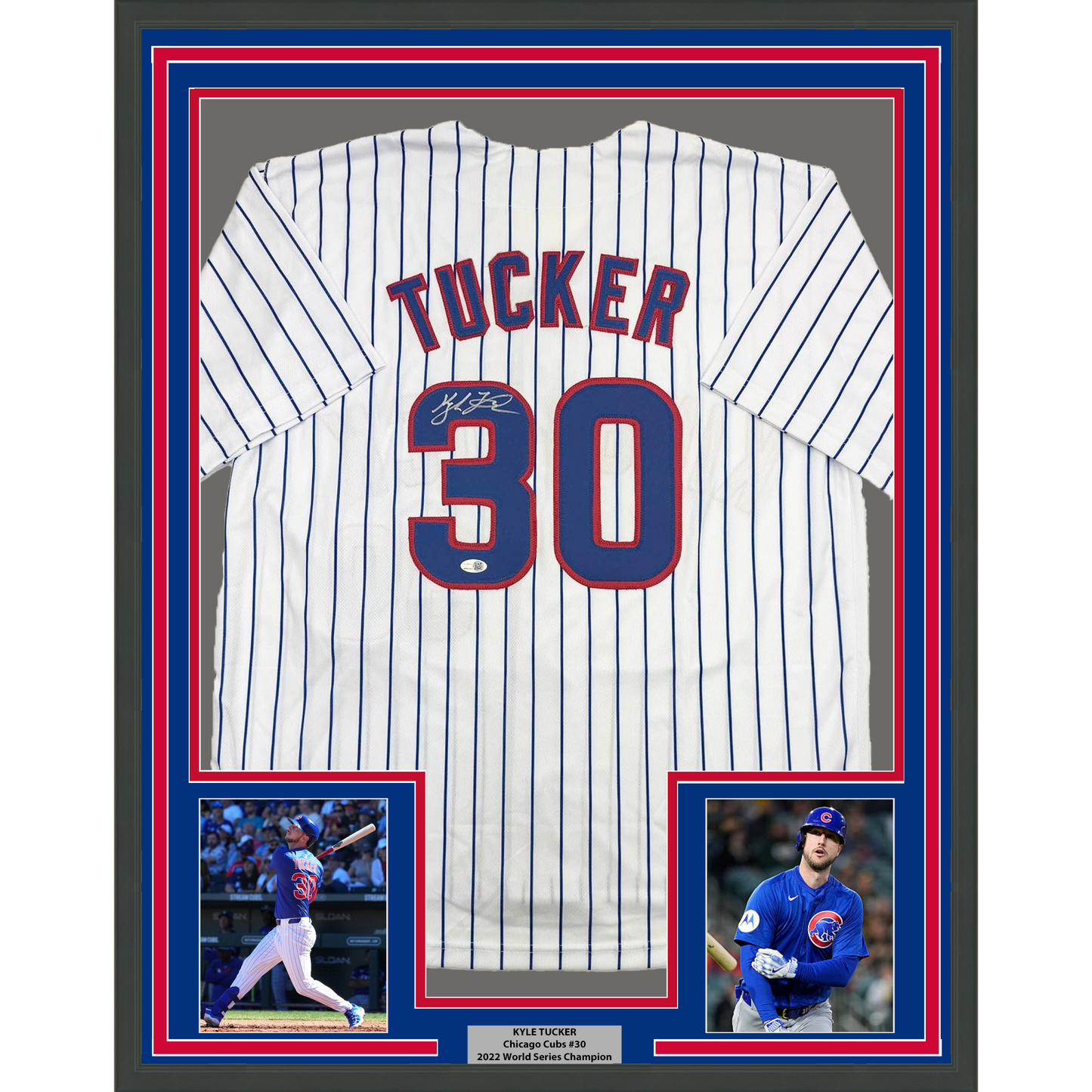Framed Autographed/Signed Kyle Tucker 35x39 Chicago Pinstripe Baseball Jersey JSA COA