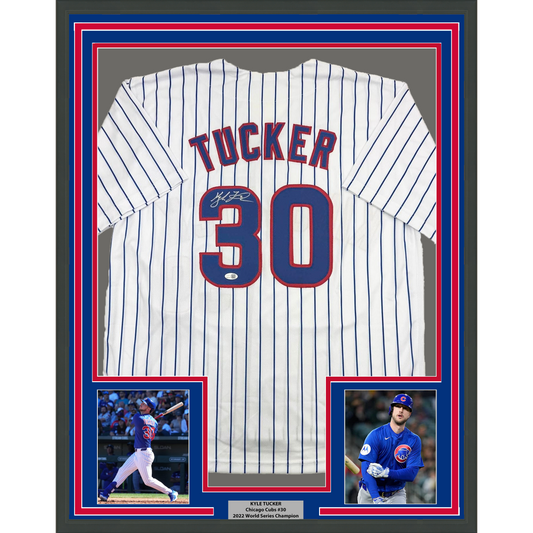 Framed Autographed/Signed Kyle Tucker 35x39 Chicago Pinstripe Baseball Jersey JSA COA