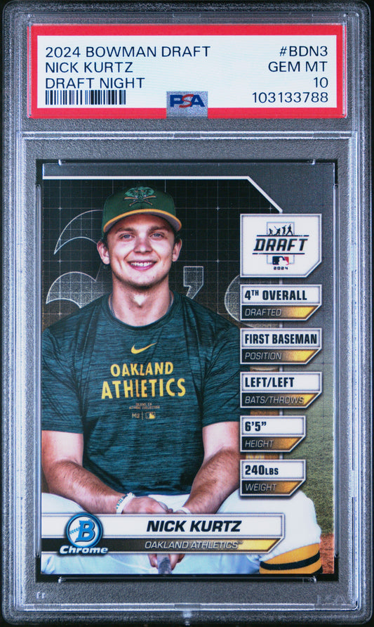 Graded 2024 Topps Bowman Draft Nick Kurtz #BDN3 Draft Night Rookie RC Baseball Card PSA 10 Gem Mint