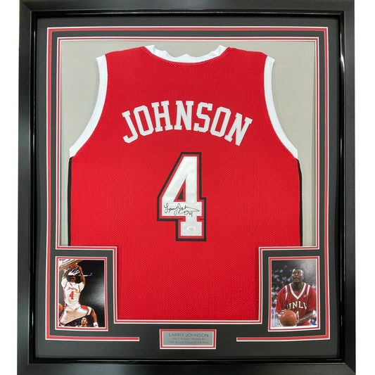 Framed Autographed/Signed Larry Johnson 35x39 UNLV Red College Basketball Jersey PSA/DNA COA