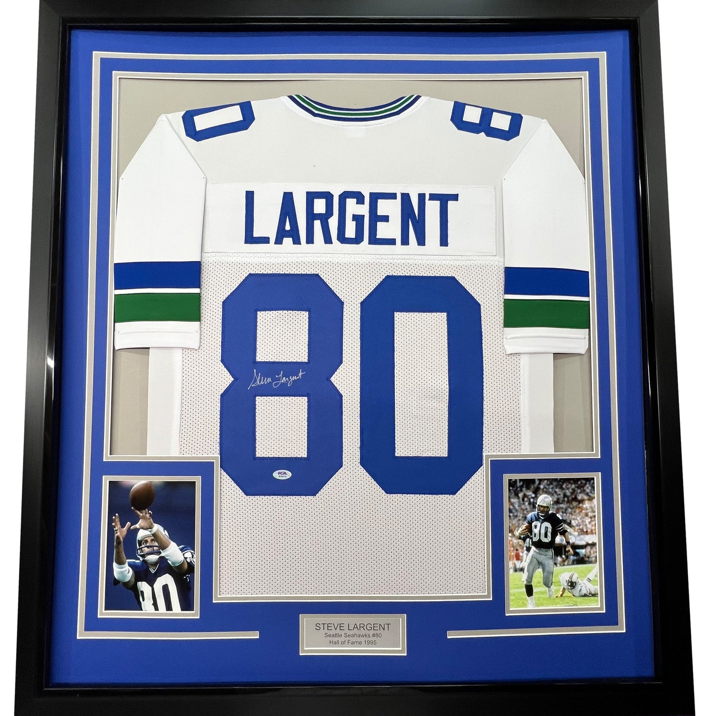 Framed Autographed/Signed Steve Largent 35x39 Seattle White Football Jersey PSA/DNA COA