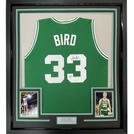 Framed Autographed/Signed Larry Bird 35x39 Boston Green Basketball Jersey PSA/DNA COA