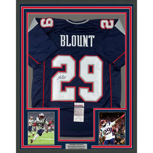 Framed Autographed/Signed LeGarrette Blount 35x39 New England Blue Football Jersey JSA COA