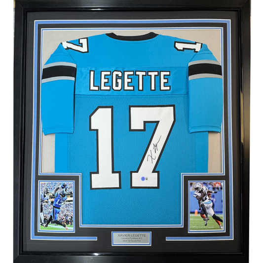 Framed Autographed/Signed Xavier Legette 35x39 Carolina Blue Football Jersey Beckett BAS COA