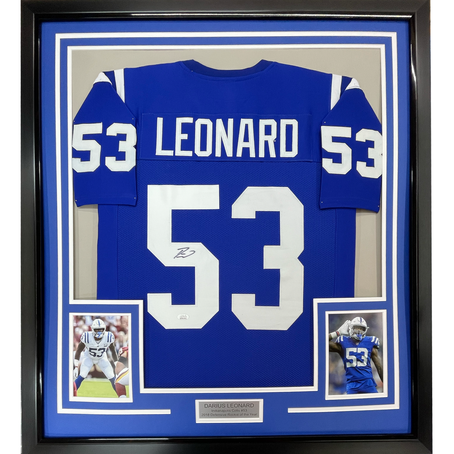 Framed Autographed/Signed Darius Shaquille Leonard 35x39 Indianapolis Blue Football Jersey JSA COA