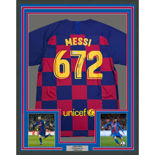 Framed Autographed/Signed Lionel Leo Messi 35x39 FC Barcelona 672 Goals Soccer Jersey Beckett BAS COA