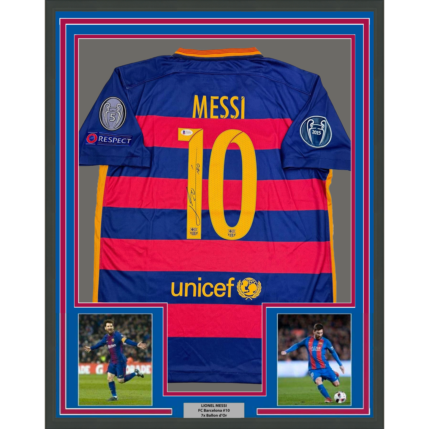 Framed Autographed/Signed Lionel Leo Messi 35x39 FC Barcelona Soccer Jersey Beckett BAS COA