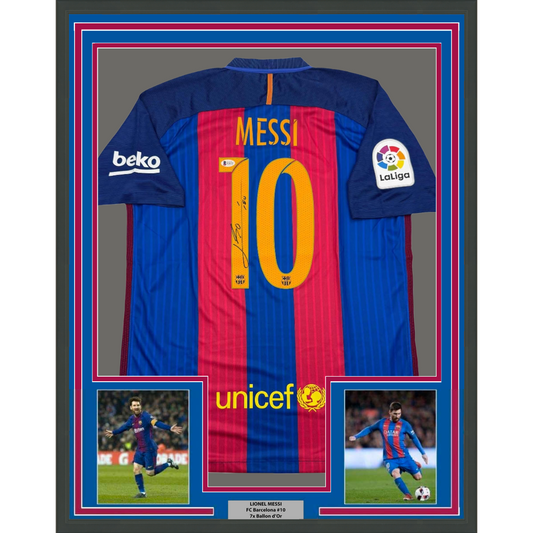 Framed Autographed/Signed Lionel Leo Messi 35x39 FC Barcelona Soccer Jersey Beckett BAS COA #4