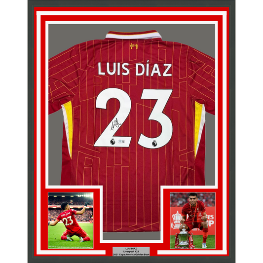 Framed Autographed/Signed Luis Diaz 35x39 Liverpool Red Soccer Jersey Beckett BAS COA