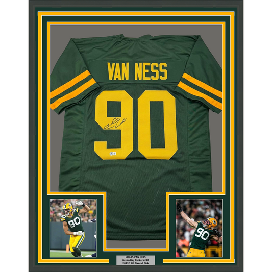 Framed Autographed/Signed Lukas Van Ness 35x39 Green Bay Color Rush Football Jersey Beckett BAS COA
