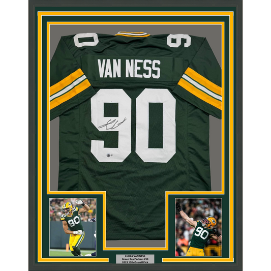 Framed Autographed/Signed Lukas Van Ness 35x39 Green Bay Green Football Jersey Beckett BAS COA