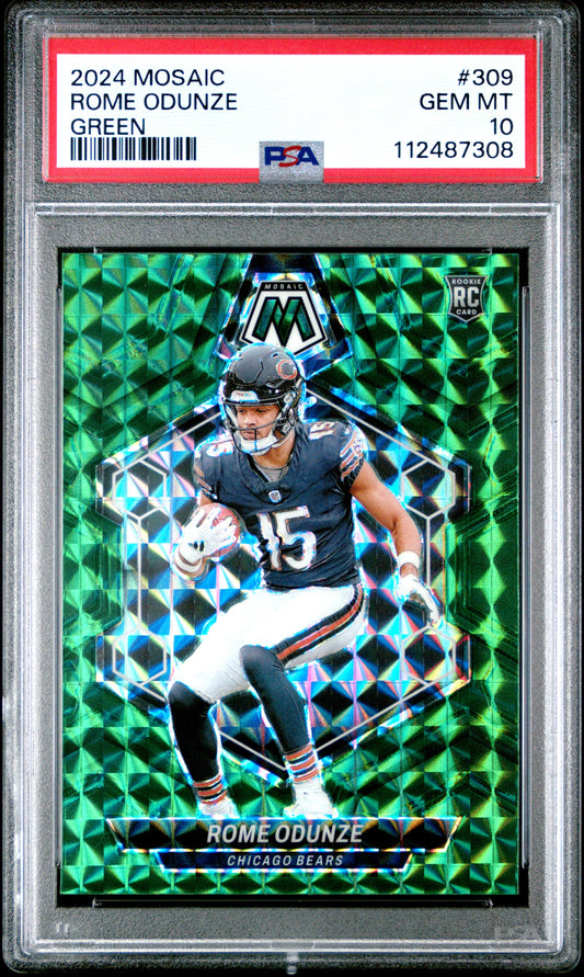 Graded 2024 Panini Mosaic Rome Odunze #309 Green Rookie RC Football Card PSA 10 Gem Mint