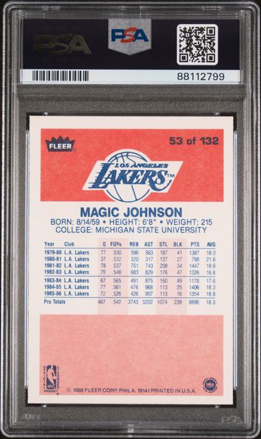 Graded 1986 Fleer Magic Johnson #53 Basketball Card PSA 8 NM-MT