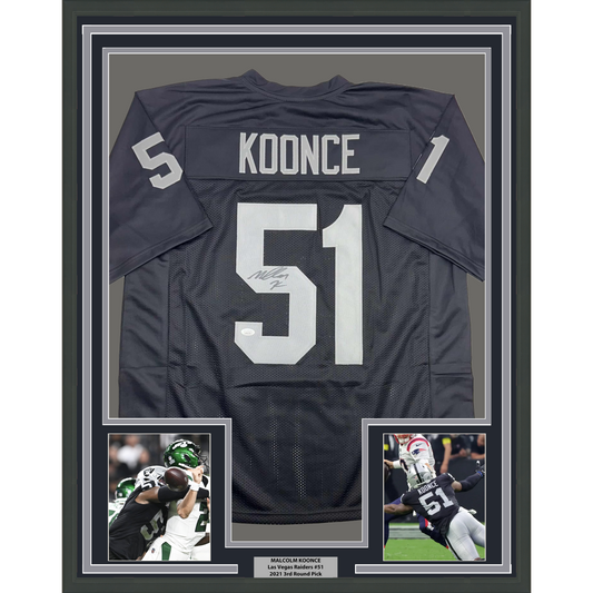 Framed Autographed/Signed Malcolm Koonce 35x39 Las Vegas Oakland Black Football Jersey JSA COA