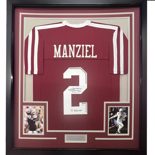 Framed Autographed/Signed Johnny Manziel 12 Heisman 35x39 Texas A&M Maroon College Football Jersey JSA COA