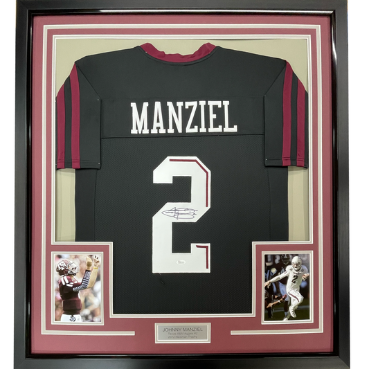 Framed Autographed/Signed Johnny Manziel 35x39 Texas A&M Black College Football Jersey JSA COA
