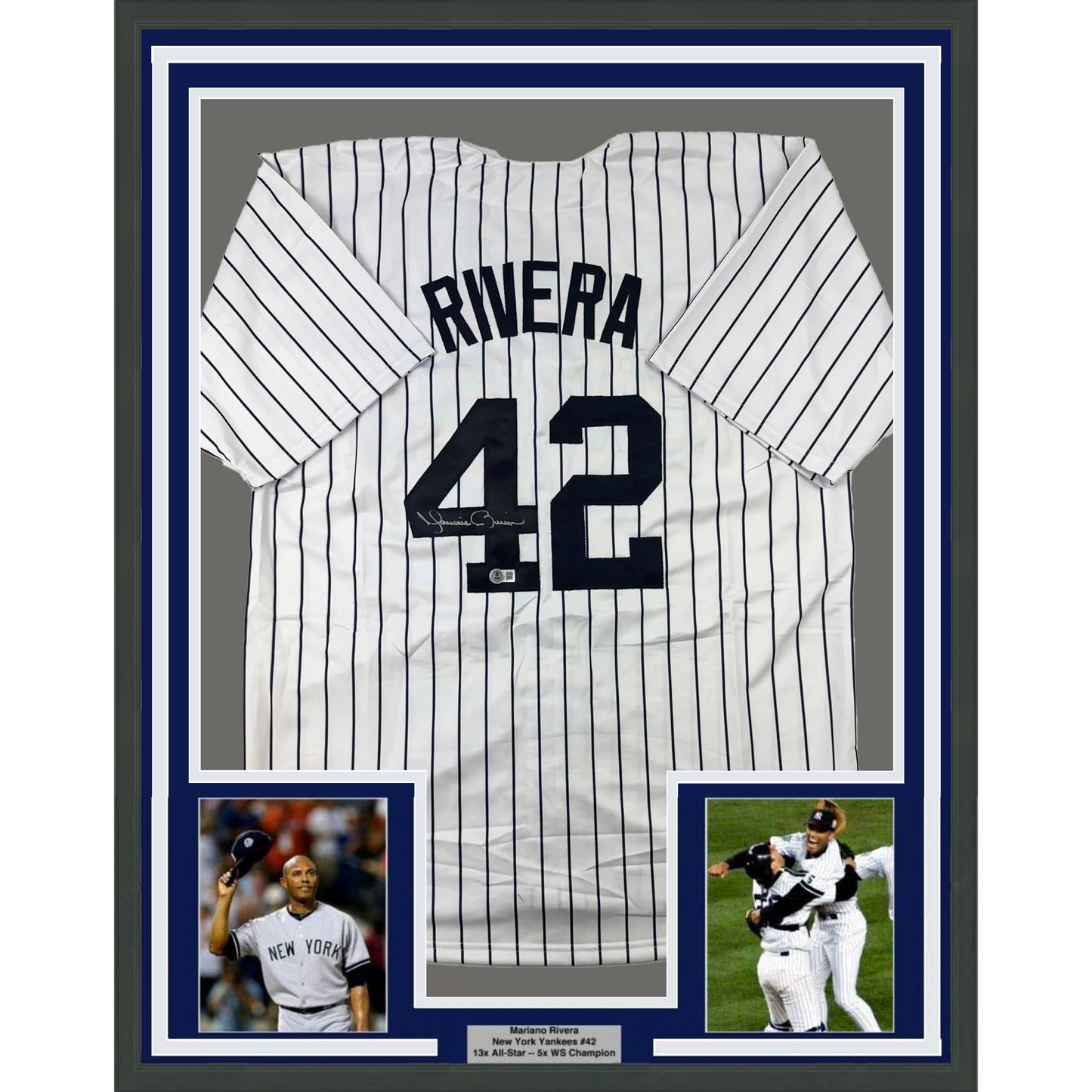 Framed Autographed/Signed Mariano Rivera 35x39 New York Pinstripe Baseball Jersey Beckett BAS COA Holo
