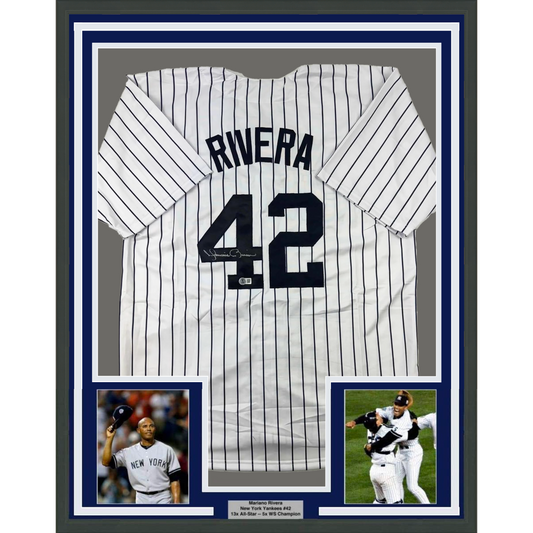 Framed Autographed/Signed Mariano Rivera 35x39 New York Pinstripe Baseball Jersey Beckett BAS COA Holo